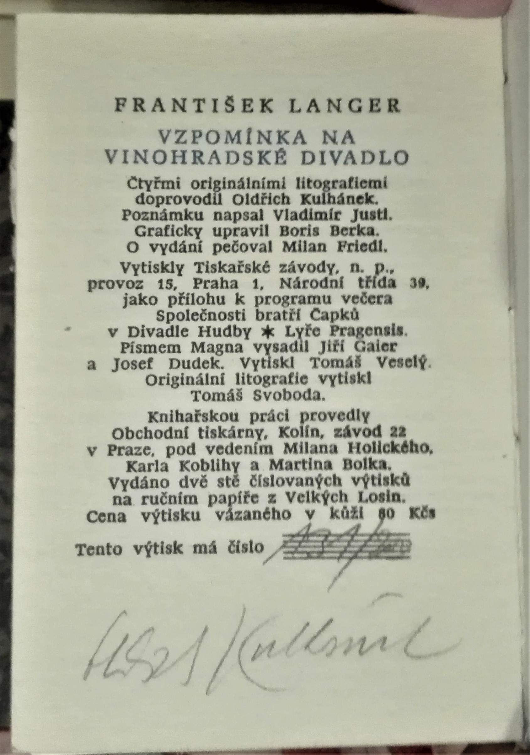 Vzpomínka na Vinohradské divadlo /s podpisom ilustrátora